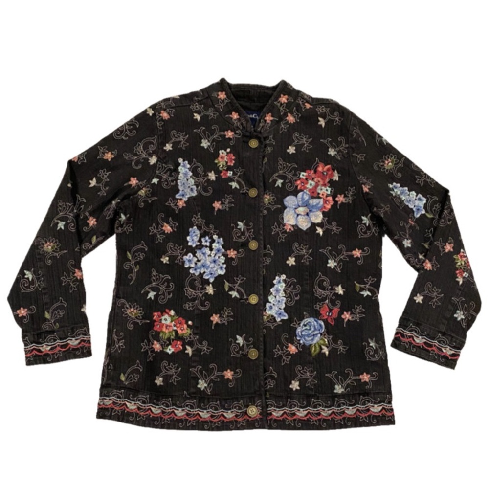 Vintage Denim & Co Embroidered Floral Jean Jacket Women’s L Colorful Button Down